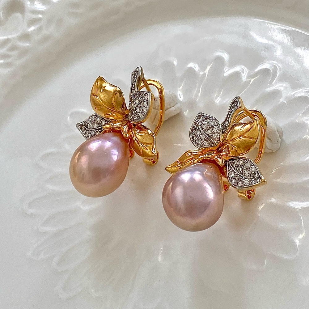 E63-Handmade Pink Edison Pesarl Two Tone Earring - Picture 7 of 9